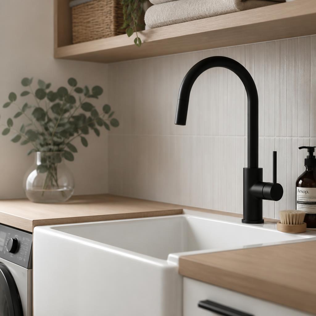 Modern tvättstuga med svart designblandare, vit keramisk diskho och ekbänkskiva
