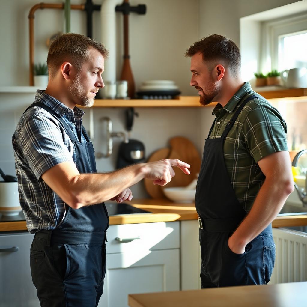 Rörmokare rådgör med kund i kök