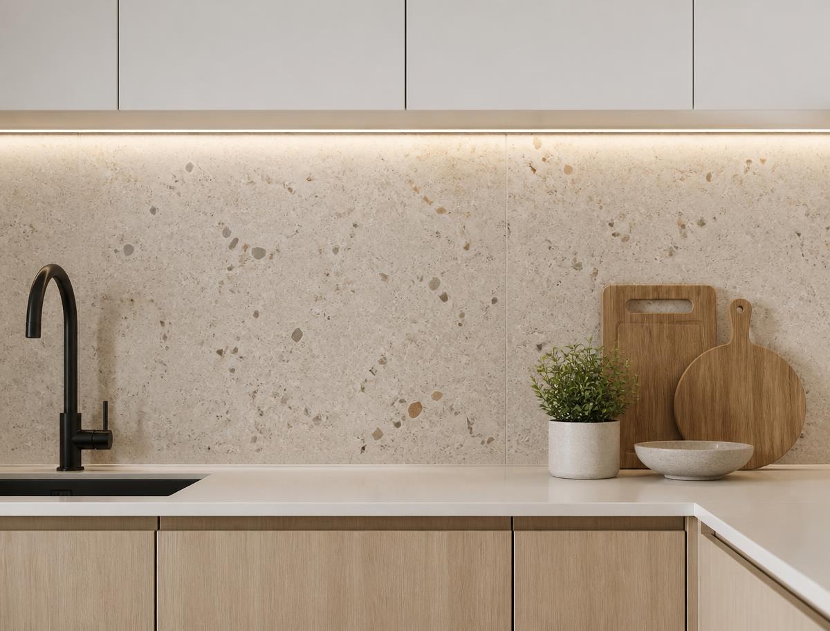 Beige terrazzostänkskydd med LED-belysning under vita överskåp