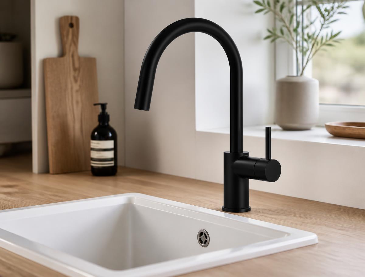 Modern svart köksblandare över vit porslinsho och ljus ek bänkskiva