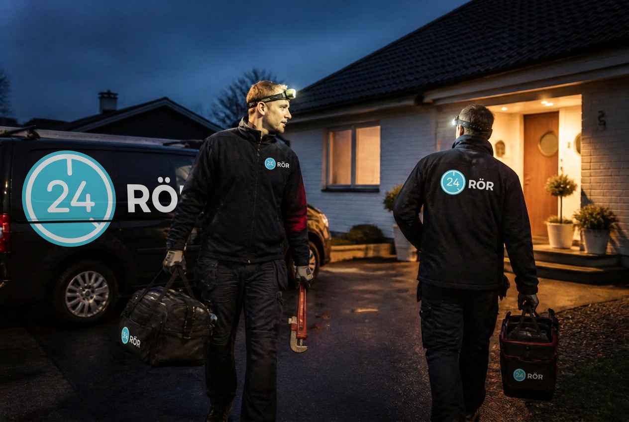 Två montörer från 24 RÖR anländer till en villa mitt i natten med verktygsväskor och pipetång, servicebil med 24 RÖR-logga i bakgrunden