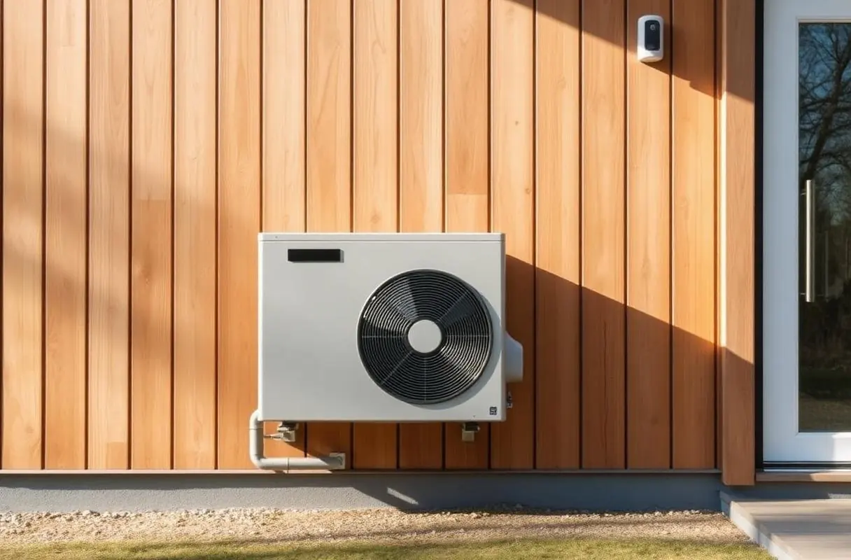 Modern luft/vatten-värmepump monterad på trähus