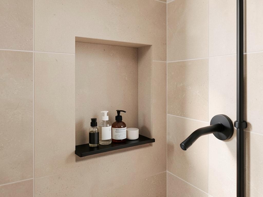 Modern kaklad duschnisch med svart hylla, storformatkakel och minimalistiska detaljer