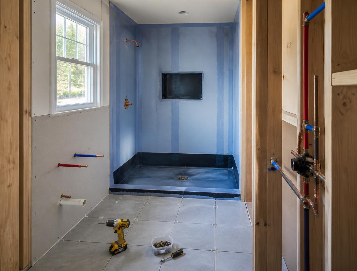 Badrum under renovering – kaklar, rör och verktyg innan färdigställande