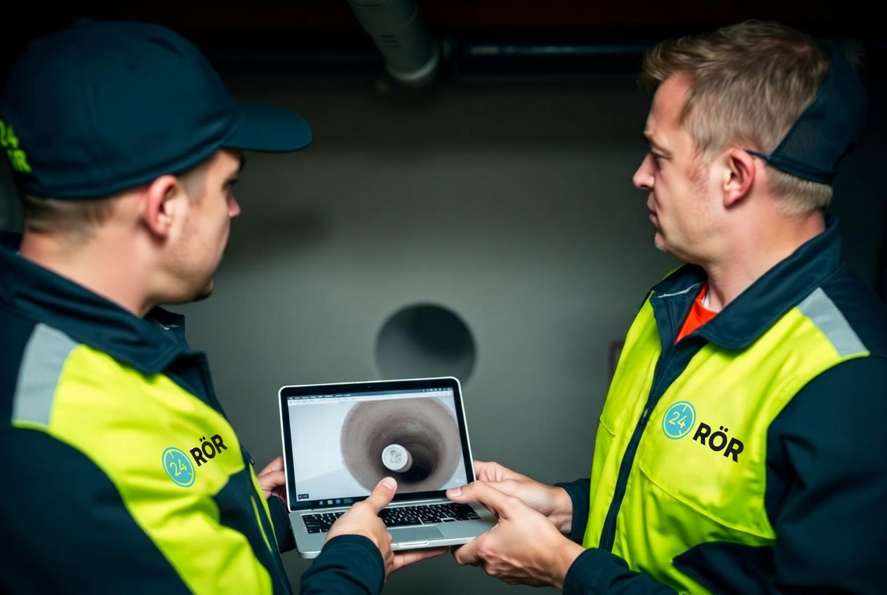 Två 24 RÖR-montörer studerar en live-bild från en avloppskamera på en laptop i ett källarutrymme