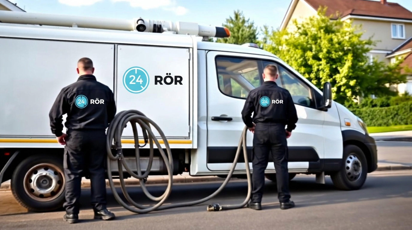 24 RÖR:s spolbil parkerad på uppfart, montör i uniform med 24 RÖR-logga rullar ut högtrycksslang