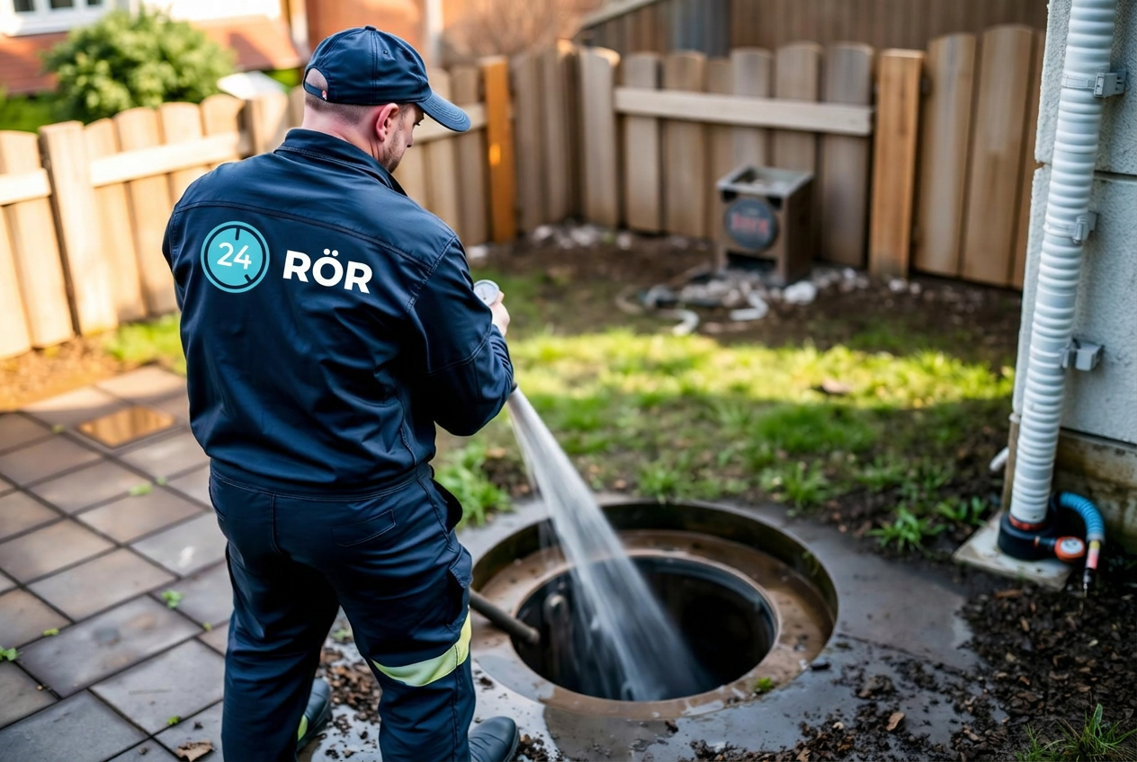 Montör från 24 RÖR med logga på ryggen spolar ett utomhusavlopp med högtryck