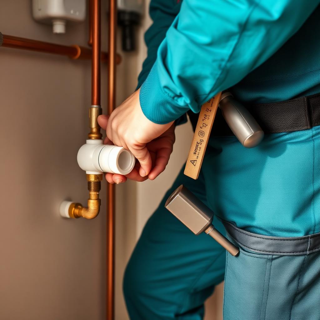 Rörmokare i turkos arbetskläder installerar en vattenfelsbrytare på inkommande vattenledning