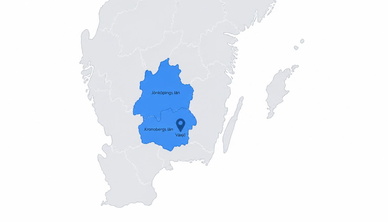 Karta över Kronobergs och Jönköpings län med Växjö markerat